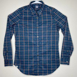 Flylow Men Size S Long Sleeve Snap Button Plaid Blue Coral Polyester Blend Shirt